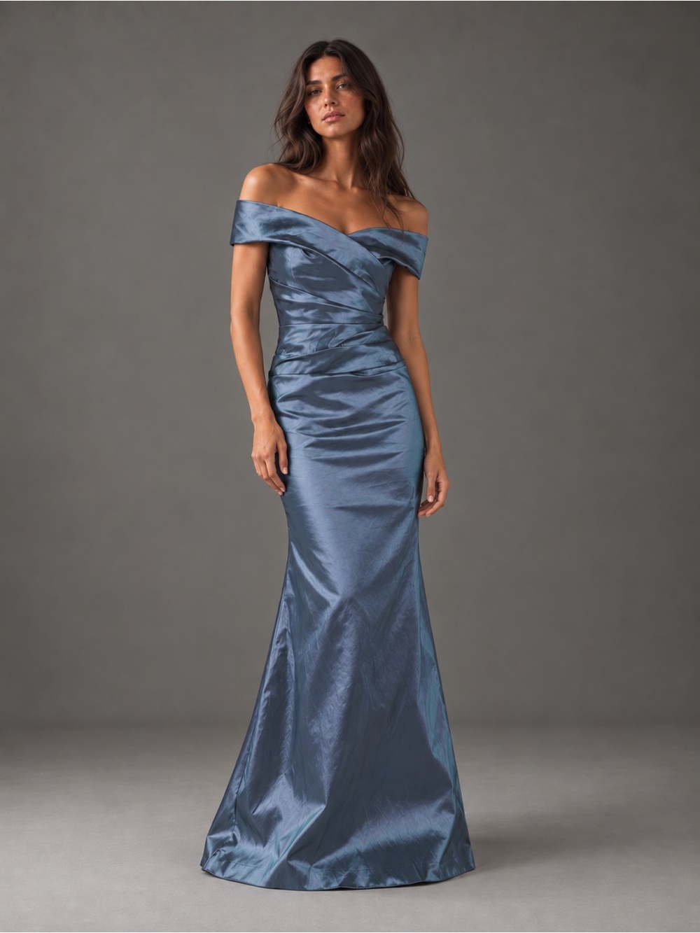 Rickie Freeman for Teri Jon Slate Iridescent Ruched Taffeta Gown Size 12